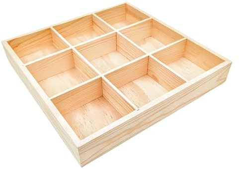 Anktily Unfinished Square Wooden Storage Divider Box, 9 Compartments Showcase Display Box, Socks Organizer, Underwear Storage Case, Wood Display Tray for Jewellery, Collectibles