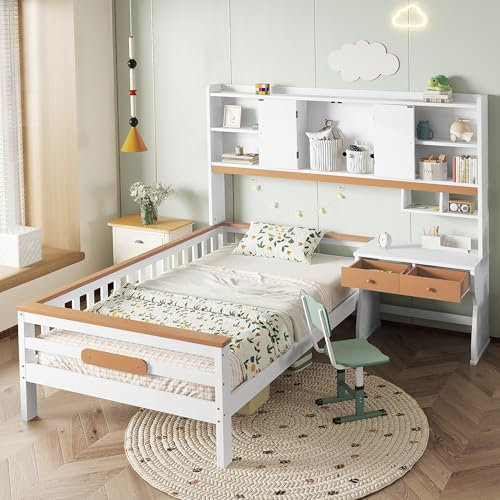 Merax Kinderbett 90x200cm, Holzbett mit Schreibtisch, Schubladen, Bücherregal, Multifunktional Einzelbett mit Rausfallschutz & Lattenroste, L-Struktur, Jugendbett, Kinderzimmermöbel, Weiß & Natur