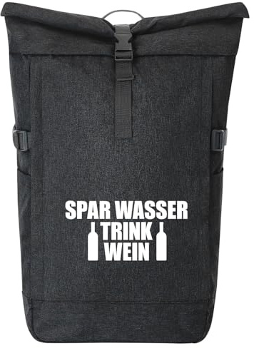 Huuraa Kurierrucksack Spar Wasser Trink Wein Weinflasche 30-44 Liter Black Melange Fairtrade Rolltop Rucksack Geschenkidee