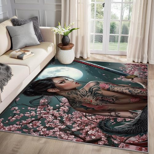 MMYAOKEN Japanisch Teppich Wohnzimmer 50x80 Samurai Girl Deko, Kleiner Teppich Kurzflor, Weich rutschfest Waschbare Teppiche, Fußmatte Bettvorleger Schlafzimmer Kinderzimmer