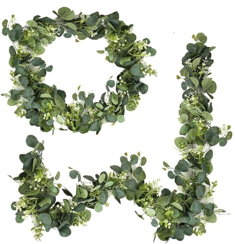 2 Stück efeu Girlande,1.8m Künstliche Girlanden Eukalyptus Girlande mit Weiße Blumen, Eukalyptus Deko, Hochzeitsfeier Deko, Grüne Pflanzendekoration, Blätter Girlande (Grün)