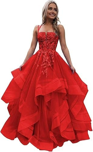 Tulle Prom Dresses Teens Lace Applique Long Ball Gown Tiered Ruffle Sparkly Formal Evening Gowns