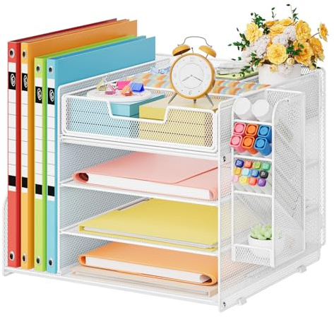 Marbrasse Schreibtisch Organizer mit Aktenhalter,4-Tier Briefablage Ablagefächer,Fachschubladen,Hängen Stifthalter,Mesh Schreibtisch Papier Ablage für HausBüro Bedarf Dokumentenablage (Weiß)