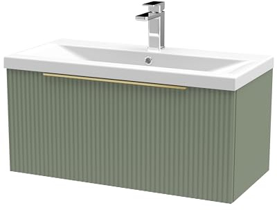 Balterley Vanity Unit with Basin Wall Hung, Single Drawer Soft Close with Mid Edge Sink and Handle, Bathroom Vanity Units with Basin, Fluted Front Sink Cabinet - 810 x 390 x 399mm (Green)
