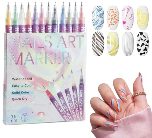 Meunhy 12 Colors Nail Art Pens Set,0.5mm Nail Art Markers,Quick-Dry Varnish Pens,Precision Tip for Intricate Designs,Graffiti,Dotting,Liner & Painting,Perfect for Beginners & Professionals