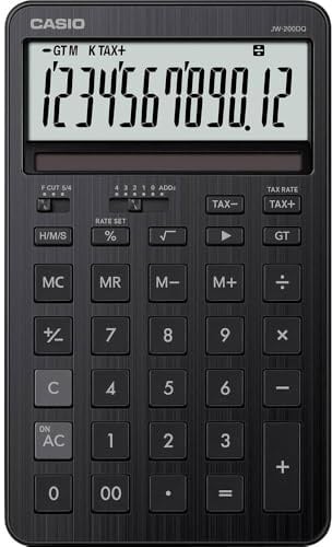 CASIO JW-200DQ-BK Tischrechner, Schwarz, 12-stellig, Solar/Batteriebetrieb | Großes 12-stelliges Display, Steuerberechnung, Zeitberechnung, stylisches Design, Gummifüße, Solar-Batteriebetrieb
