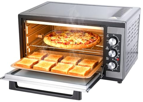 Large 46L Convection Toaster Oven, 9-in-1 Kitchen Countertop Oven with Crispy Roast, Dehydrate, Rotisserie, Includes 6 Accessories, 1500W, Black, Stainless Steel