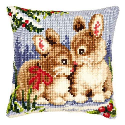 Vervaco Kreuzstich Stickpackungen Kissen Stickerei Set Anfänger Vorgedruckt Kaninchen im Schnee DIY Set Kreativ Set Für Erwachseneca. 40 x 40 cm Bastelset Handwerker Haus Dekoration