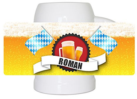 Bierkrug mit Name Roman und schönem Bier-Motiv mit blau-weißen Flaggen | Bier-Humpen | Bier-Seidel