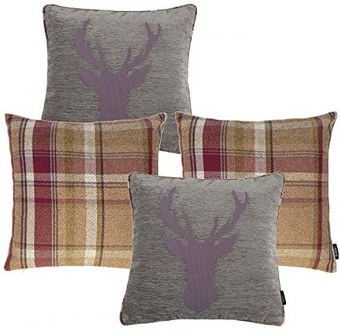 McAlister Textiles Stag | 4er Set Sofakissen mit Füllung Hirsch-Motiv Tartan kariert | 43x43cm in Maulbeere | 2 x Hirschmotiv und 2 x Tartanmuster