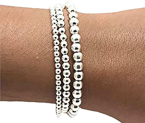 Silver Colour Round Beads Stretchable Bracelets(Set of 3)