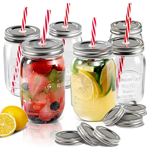 MASTERTOP Mason Jars, 6pcs Glass Mason Storage Jars Set with Sealing Lids, Screw Top Jars for Overnight Oat Jam Candies Smoothies, Food Jars (6 x 500 ml), Send 6 Straws & 12 Lids