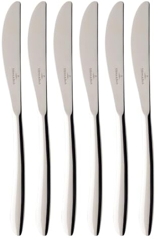 Villeroy & Boch SoftWave Tafelmesser 6er Set, 237 mm, Speisemesser mit geschwungenem Griff, Spülmaschinenfest & Rostfrei, 18/10 Edelstahl, Silber