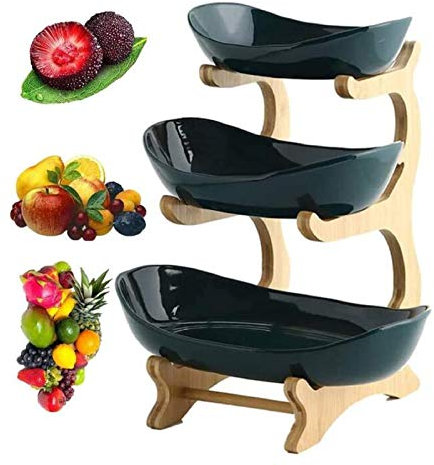 WYFFF Großer Obstkorb 3 Etagen Obst 3 Stöckig Holz Obstschale Mit Bambus Ständerparty Flach Aus Keramik Obstkorb Serviertablett Für Kuchen Obst Dessert Snacks Sushi (Malachit Grün, 3 Etagen)