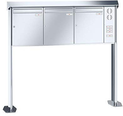 RENZ/Prisma / 3er Freistehende Briefkastenanlage Standbriefkasten mit Sprechfeld / V4A-Edelstahl/Volumen 23 L/mit Fußplatten/Dein-Briefkasten.de