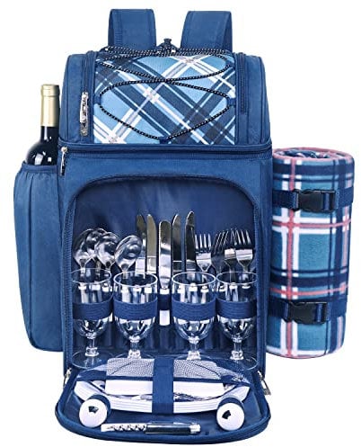 Hap Tim Mochila de picnic para 4 personas con manta, compartimento enfriador aislado a prueba de fugas, soporte para vino, juego de cubiertos, ideal para regalo (36079-BL)