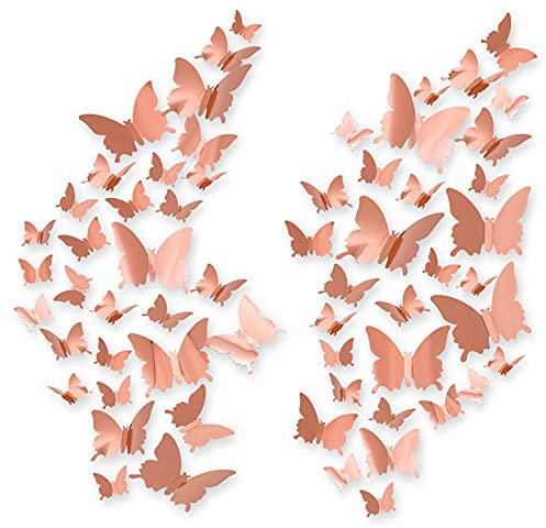 Stickers Muraux Papillon 3D, CAYUDEN 60pcs Autocollants Papillon Miroir Amovible DIY Papillon Décor 3 Tailles Sticker Papillon 3D Pour Chambre, Porte, Fenêtre, Mariage, Décoration De Fête (Or rose)