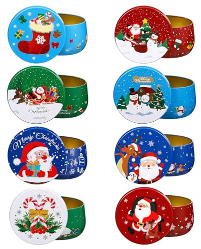 8Pcs Christmas Tin with Holiday Printed Round Xmas Tin Box with Lid Christmas Candy Cookie Box Container with Tags Empty Candle Tin Cans for DIY Giving