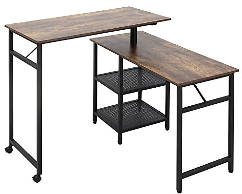 HOMCOM Bureau Informatique Design Industriel modulable Bureau d'angle 2 étagères Aspect Vieux Bois métal Noir