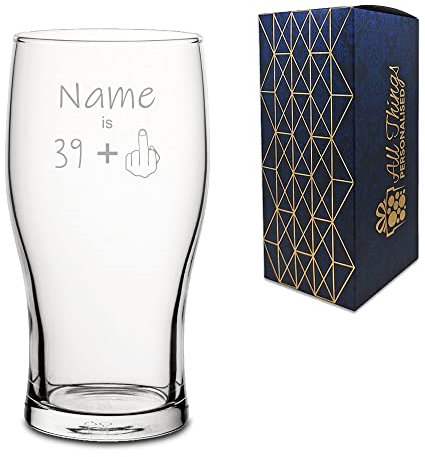 Personalised Engraved Funny Pint Glass with Name Age +1 Design, Funny Novelty Adults Gift, Gift Boxed, Personalise with Any Name and Age