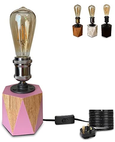 Livuna Vintage Solid Wood Pink Table lamp, Steampunk Iron Pipe and Geometric Modern Silver Edison Rustic Retro Style for Girls Womens Bedroom Home Bedside Desk Office, (E27 LED Bulb Included) (Pink)