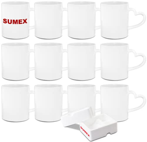 Sumex 325ml 12er-Set Sublimation Tassen Sublimationsbecher Weiß Keramiktasse,11 Unzen Tasse Sublimation mit Herz-Griff für Kaffee Milch Tee