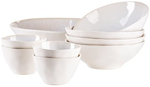 MÄSER Serie Frozen 9-teiliges Bowl Set aus schöner Keramik, 1 Salatschüssel, 4 Ramen Schalen und 4 Dip Schälchen, organische Formen im Vintage Look, händisch lasiert, Steinzeug, Weiß, 26