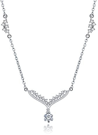 Skcess Link Chain Necklace, Copper Chain Silver Y Shape Round Cubic Zirconia Pendant Necklaces Jewelry Gift for Mom Women Girls