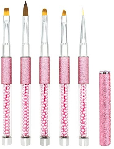 5PCS Nail Art Brushes Set for Gel Nail with Lid and Pearl Handle, LEA-SHALL Liner/Acrylic/Flat/Round/Angled UV Builder Nail Painting Pen Kit Fine Brush DIY Decoration Home Salon Design Rose Red