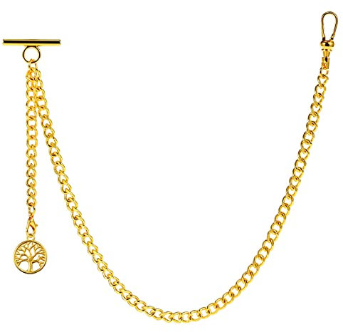 ZTA Herren Albert Kette Golden Taschenuhr Kette Weste Kette mit Anhänger für Männer Lebensbaum T BAR FOB Charme