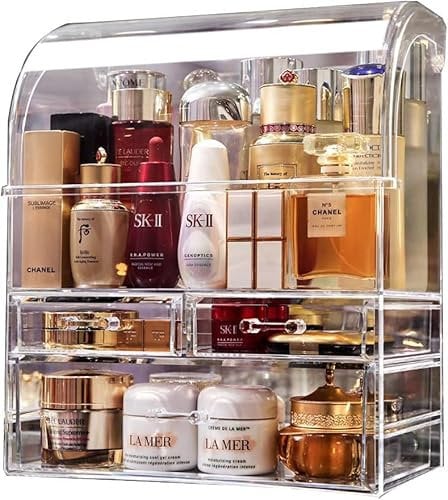 Makeup Organiser Storage, X-Large Acrylic Perfume Skincare Organisers Display Case with Drawers, Waterproof Large Dustproof Cosmetic Organiser Box for Counter, Dresser and Bathroom