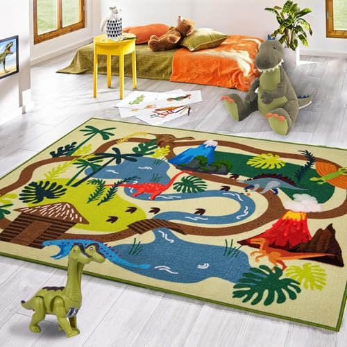 Booooom Jackson Teppich Kinder Spielmatte Dinosaurier 80 x 150cm Krabbeldecke Kinderzimmer Teppich Dino Spielteppich Waschbar Dino Motivteppich Kurzflor Farbecht