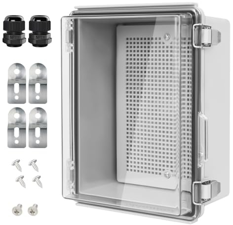 LeMotech Electrical Box, IP67 Waterproof Hinged Clear Cover Stainless Steel Latch Junction Box, ABS Plastic Electrical Enclosure with Mounting Plate,Wall Brackets, Cable Glands,8.7x6.7x4.3,Grey