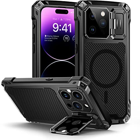 Lanhiem für iPhone 14 Pro Max Hülle, Magnetisch Metall Handyhülle mit Kameraschutz Ständer Robust Stoßfest Ganzkörper Militärstandard Schutzhülle Heavy Duty Case mit Displayschutz, Schwarz