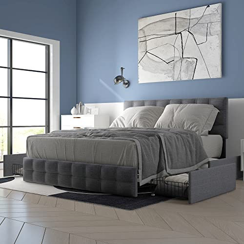 Merax Polsterbett mit 4 Schubladen, Doppelbett mit Lattenrost, Stauraum Bett, höhenverstellbares Kopfteil & quadratisches Nähdesign, Metalllattenstütze, 140 * 200 cm (grau)