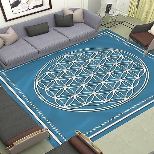 PICUAL Teppich 160X230Cm Blume des Lebens, Heilige Geometrie, Blau Wohnzimmer Teppich rutschfest Waschbar Schmutzabweisender Teppich Super Soft Flanell, Für Schlafzimmer Bodenmatte Innen Und Außen