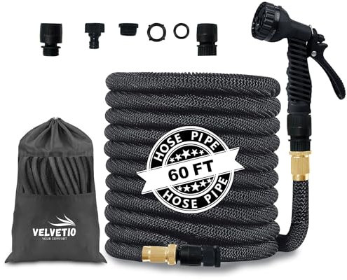 VELVETIO Expandable Strong Garden Hose Pipe 60FT, 7 Function Nozzle Spray Gun with 3/4 1/2 1 Leakproof Connector, 4 Layer Latex Core No Kink Flexible Hose for Outdoor & Car Wash, Black