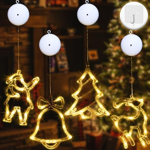 Holwim 4er set weihnachtsbeleuchtung fenster mit Saugnapf und 3 Beleuchtungsmodi, LED fensterdeko weihnachten batteriebetrieben, weihnachtsdeko innen fenster hängend für weihnachten deko,Warmweiß