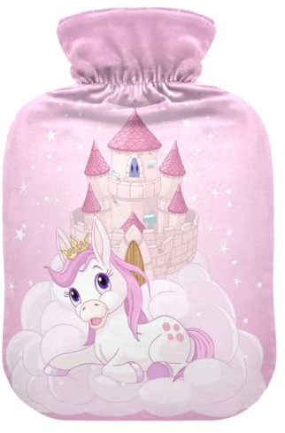 Wärmflasche, 1 l, kleiner Wärmbeutel mit weichem Plüsch-Wärmbezug, Schloss und Einhorn-Rosa, auslaufsicherer Schraubverschluss, ideal für Wintersport, Outdoor, Rücken, Nacken und Beine, kalte