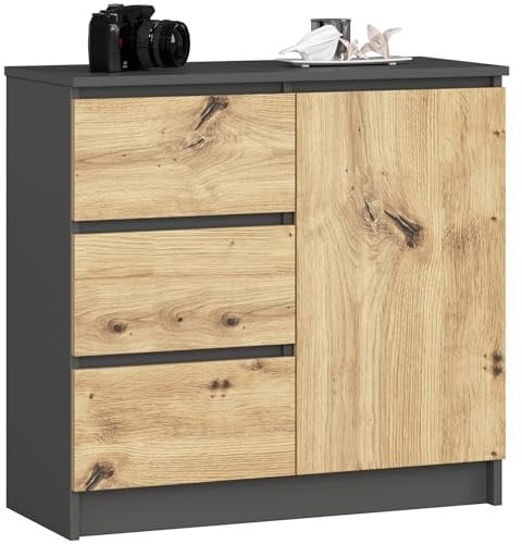 AKORD Kommode K-80 Jerry mit 3 Schubladen | Schrank mit 2 Einlegeböden und 1 Tür | Für das Wohnzimmer Schlafzimmer | Moderne | 16mm Laminierte Platte | 80x77x35 cm | Graphitgrau + Eiche Artisan Front