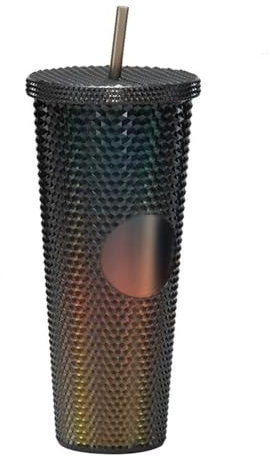 RYHMHA Nieten Becher, Diamond Thermobecher aus Kunststoff mit Strohhalm und Deckel, doppelwandiger Kühlbecher, Eiskaffee, Reisebecher, Partybecher, 710 ml, Schwarz