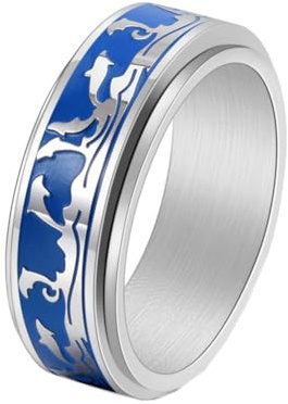 HIJONES Herren Fantasie Ozean Fisch Ring aus Rostfreier Stahl Angstreduzierender Ring 8Mm Silber Größe 62 (19.7)