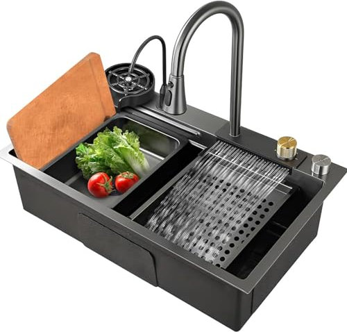 Fregadero de acero inoxidable con cascada, color negro, grifo de cascada, fregadero de un solo cuenco, incluye arandela de taza y todos los accesorios (85 x 45 x 22 cm)
