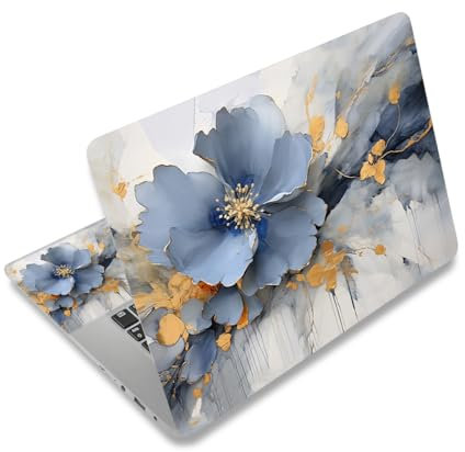 Autocollant pour ordinateur portable de 11,6, 12, 13, 13,3, 14, 15, 15,4, 15,6 avec 2 protège-poignets inclus, facile à appliquer et amovible Motif fleur bleue argentée