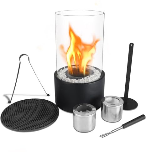 Domigard Cheminée de Table Bioéthanol, Brasero de Table avec Pierres Décoratives Blanches et 2 Chambres de Combustion, Durée de Combustion 4 Heures pour Balcon, Décoration, Jardin