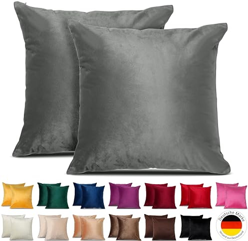 Emilie-Textil 2er Set SAMT Kissenbezug, Decorative Kissenhülle, Sofakissenbezug mit Verstecktem Reißverschluss, 14, Größen 40X40 / 45X45 / 50X50cm (2, Grau, 40X40)