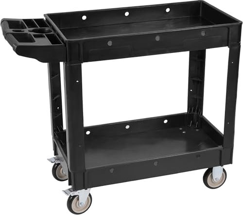 Elevon Service-Mehrzweckwagen, 2 Ablagen, 250 kg, robuster Kunststoff-Rollwagen, 2 Lenkrollen mit Bremsen, ergonomischer Aufbewahrungsgriff für Lager, Garage, Reinigung, Herstellung – Schwarz