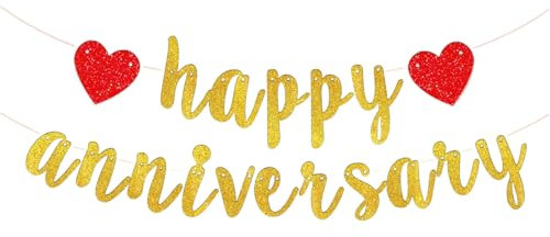 Bliceon Happy Anniversary Banner, Gold Glitter Happy Anniversary Banner, Glitter Happy Anniversary Girlande, Happy Anniversary Sign for Anniversary Wedding