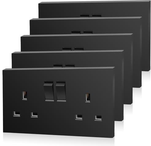 5 Pack CNBINGO Double Switched Power Socket, Electric Power Socket 2 Gang 13 Amp, Black Double Wall Outlet