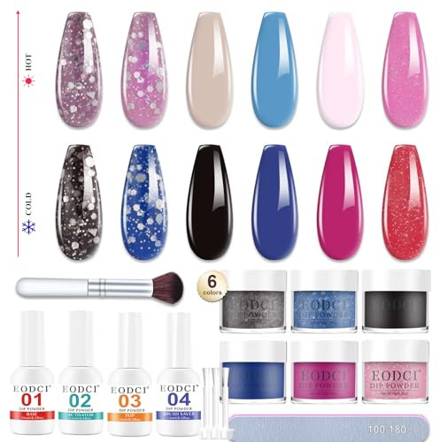 EODCI Dipping Powder Nails Set Starter Kit,6 Farben Dip Puder Farbwechsel Thermo Dip Pulver Dip Liquid Base Top Activator Brush Saver, Dipping Acryl Nail Puder Glitzer für DIY Nageldesign System